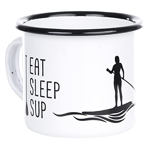 EAT SLEEP SUP | Emaille Tasse mit SUP Surferin | leicht und robust | für Stand Up Paddling Fans | von MUGSY.de von MUGSY