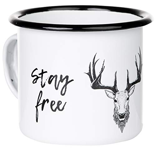 MUGSY Emaille Tasse | Stay wild - Stay free | mit Tier Zeichnung | Becher robust und leicht für Reisen und Outdoor | Retro Kaffebecher 300 ml (Hirsch) von MUGSY