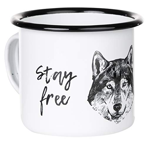 MUGSY Emaille Tasse | Stay wild - Stay free | mit Tier Zeichnung | Becher robust und leicht für Reisen und Outdoor | Retro Kaffebecher 300 ml (Husky) von MUGSY