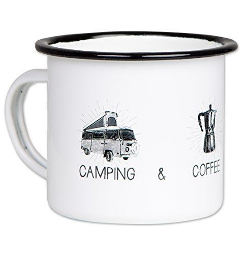 Emaille Tasse mit Motiv Camping, Coffee & Campfire, Camping Ausrüstung, Kaffeebecher, bruchsicher & leicht | 330 ml von MUGSY