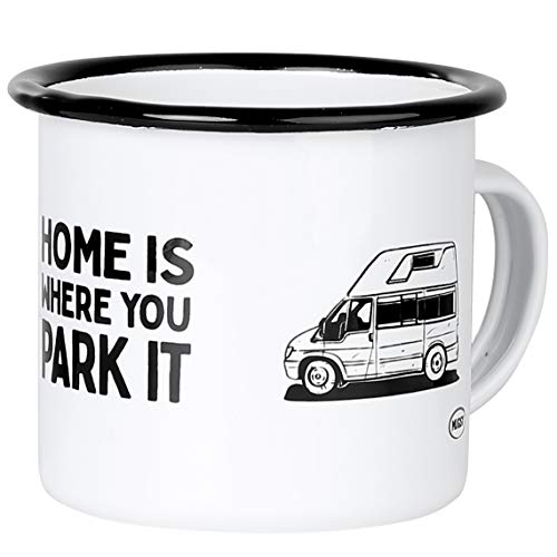 MUGSY Emaille Tasse, Campingbus mit Spruch Design, 300ml, weiß, bruchfest & leicht von MUGSY
