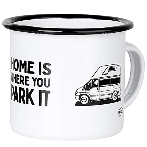 MUGSY I Emaille Tasse mit Spruch Home is where you park it - Weiß, 300 ml, Emaille Becher bruchfest | Campingbus von MUGSY