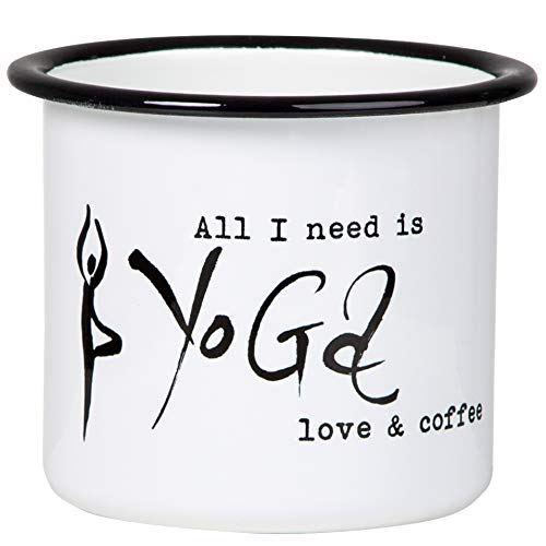 MUGSY | Emaille Becher mit Yoga Figur & Schriftzug: YOGA, LOVE & COFFEE, weiße Emaille Tasse, leicht & robust | 300 ml von MUGSY