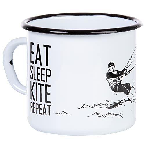 MUGSY Emaille Tasse Eat Sleep Kite Repeat, Kite-Surfing Motiv, Emaille Becher, Outdoor Ausrüstung, 330ml, Kaffee von MUGSY