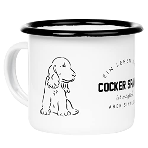 MUGSY Emaille Tasse mit Cocker Spaniel-Motiv und Spruch I Emaille Becher Hunde-Fans I bruchsicher I 300 ml von MUGSY