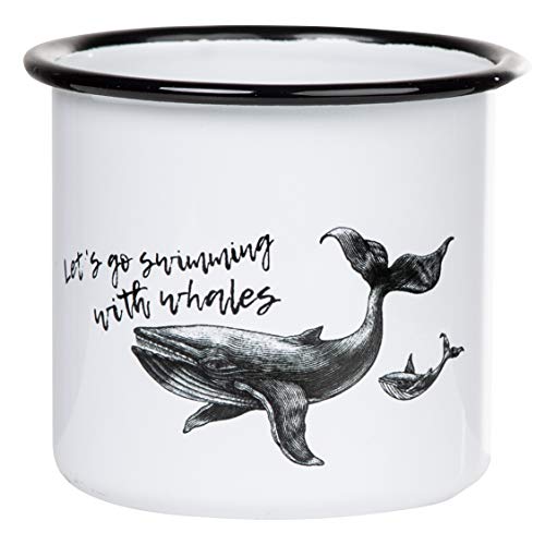 MUGSY | Emaille Tasse mit Wal Motiv & Spruch: LET'S GO SWIMMING WITH WHALES, robuster & leichter Emaillebecher | 300 ml von MUGSY