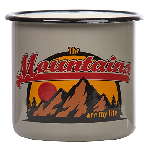 MUGSY I Emaille Tasse The Mountains are my life, 330 ml Camping Tasse mit Spruch, Wander Becher I Grau von MUGSY