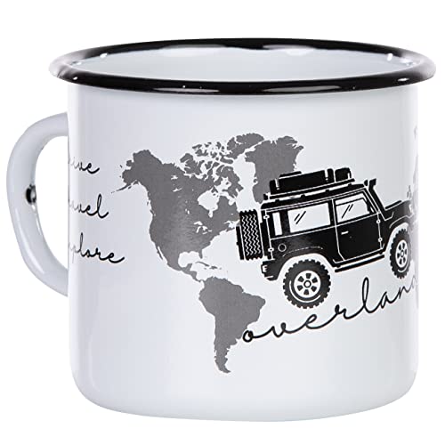 MUGSY I Emaille Tasse Drive Travel Explore Overlander, Offroad Motiv & Weltkarte, weiß, Outdoor Tasse mit Spruch I 330ml von MUGSY