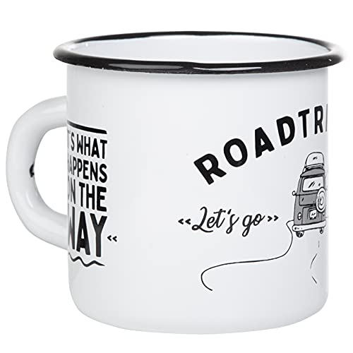 MUGSY I Emaille Tasse Roadtripping Let's Go mit Campervan, Camping Tasse mit Spruch, leicht und bruchfest I 330ml (Weiß) von MUGSY