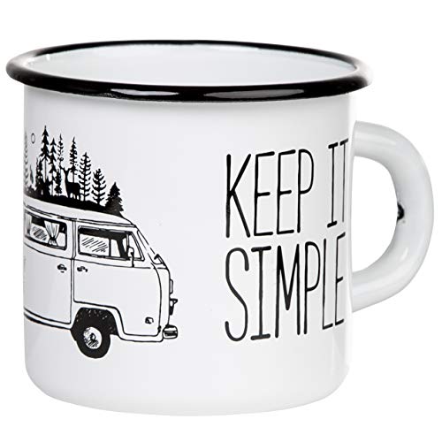 MUGSY I Emaille Tasse mit Spruch Keep it simple & Campervan Motiv, 330 ml, Emaille Becher, Camping Ausrüstung I Weiß von MUGSY