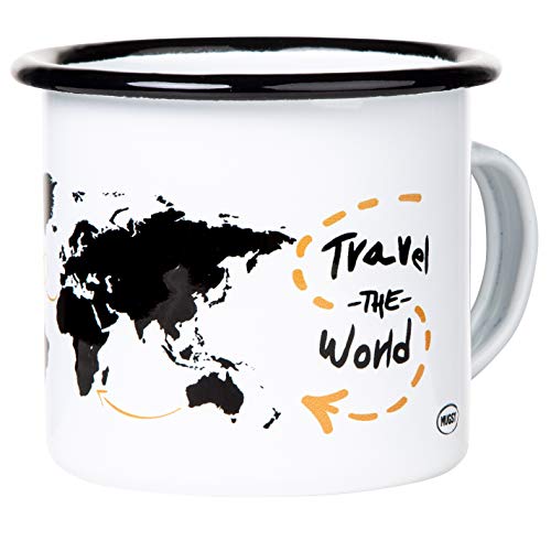 Emaille Tasse mit Spruch Travel the World, Camping & Outdoor Ausrüstung, Weltkarten-Motiv, leicht & bruchsicher | 300ml von MUGSY