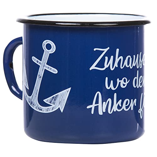 MUGSY I Emaille Tasse Zuhause ist wo der Anker fällt I maritime blaue Tasse, Geschenk für Segler I bruchfest I 330ml von MUGSY