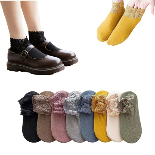 MUGUOY 8 Paar 2021 Spitze Thermische Socken Damen Baumwolle Spitze Rüschen rutschfeste Fußkette Socken, Knöchel-No-Show-Socken für Frauen Baumwolle einfarbige Socken. von MUGUOY