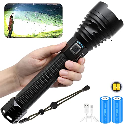 90000 Lumen XHP90.2 LED-Taschenlampe,Wiederaufladbare Super Power taktische Taschenlampe, Zoombare 3-Modi Wasserdichte Taschenlampen, für Camping, draussen (P90 Mit 2*26650 Batterie) von MUGUOY