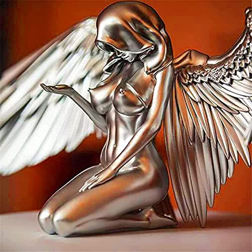 Art Angel Female Woman Wings kniender Umhang Hut, 3D Angel Redemption Angel Kreative Skulptur,Silber Finish Kniende Nackte Statue,Memorial Harz Engel Skulptur für Outdoor und Indoor Decor von MUGUOY