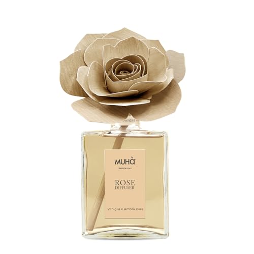 MUHA' | Duftdiffusor für Räume Rosa Diffuser, Duft Vaniglia e Ambra Pura, Raumduftdiffusor mit Rose aus Birkenholz, 200 ml Format. von Muhà