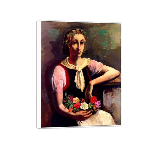 MUHJDYC Moderne Leinwandbild-Karl Hofer Berühmte Gemälde-Reproduktion auf Leinwand-Weiß Rahmen Poster für Wohnzimmer(Blumenmädchen) 50x65cm von MUHJDYC