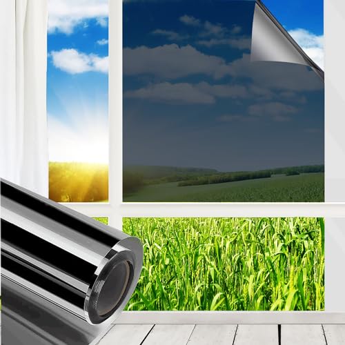MUHOO Fensterlfolie 90x400cm, Spiegelfolie Fenster Sichtschutz, 99% UV & Sonnenschutzfolie Fenster, Verdunkelungsfolie Fenster - Schwarz von MUHOO