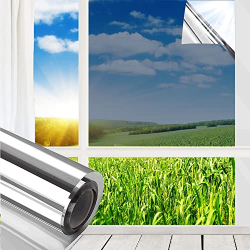 MUHOO Fensterlfolie Sonnenschutz 90x400cm, Spiegelfolie Fenster Sichtschutz, 99% UV Schutzfolie Fenster & Sonnenschutzfolie - Silber von MUHOO