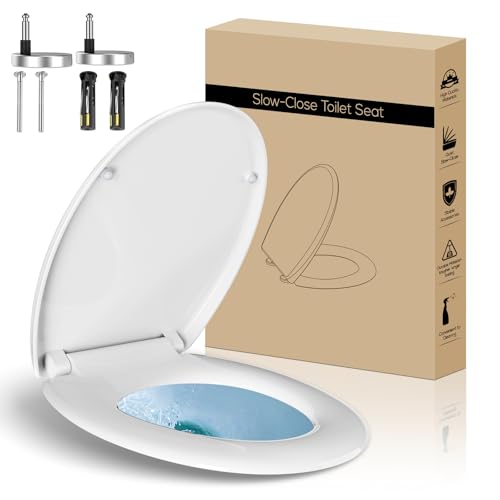 Toilettensitz, Soft Close Toilettensitze mit rutschfesten Sitzstoßstangen und Metallschrauben, passend für Standard-Rund-WC, Schnellverschluss, kein Slamme, Weiß - O Form von MUJIUSHI