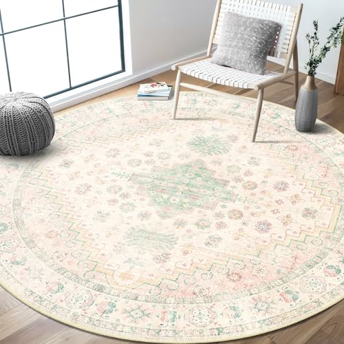 MUJOO Runder Teppich, 1,8 m, waschbarer runder Teppich für Wohnzimmer, Esszimmer, großer Boho-Überwurf, rutschfest, Hellrosa und Grün MUJOO Runder Teppich, 1,8 m, waschbarer runder Teppich für Wohnzimmer, Esszimmer, großer Boho-Überwurf, rutschfest, Hellrosa und Grün von MUJOO
