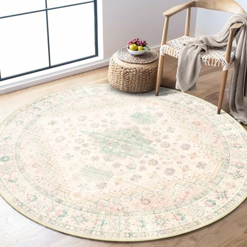 MUJOO Runder Teppich, 122 cm, kleiner Fahrradteppich, waschbar, runde Teppiche für Eingangsbereich, Schlafzimmer, Küche, Boho, rutschfest, Hellrosa und Grün MUJOO Runder Teppich, 122 cm, kleiner Fahrradteppich, waschbar, runde Teppiche für Eingangsbereich, Schlafzimmer, Küche, Boho, rutschfest, Hellrosa und Grün von MUJOO