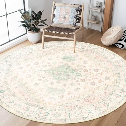 MUJOO Runder Teppich, 152 cm, waschbar, runde Teppiche für Wohnzimmer, Esszimmer, Boho, rutschfest, Hellrosa und Grün MUJOO Runder Teppich, 152 cm, waschbar, runde Teppiche für Wohnzimmer, Esszimmer, Boho, rutschfest, Hellrosa und Grün von MUJOO