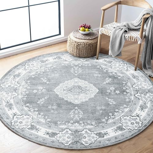 MUJOO Runder Teppich für Schlafzimmer, Wohnzimmer, Badezimmer - Vintage-Stil, Bohemian-Stil, Landhausstil - Rutschfest, Blumenmuster, Grau MUJOO Runder Teppich für Schlafzimmer, Wohnzimmer, Badezimmer - Vintage-Stil, Bohemian-Stil, Landhausstil - Rutschfest, Blumenmuster, Grau von MUJOO
