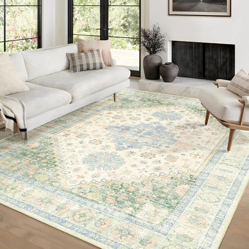 MUJOO Teppich, waschbar, Boho-Teppiche für Wohnzimmer, Schlafzimmer, Esszimmer, großer rutschfester Überwurf-Teppich für den Innenbereich, niedriger Flor, Hellgrün und Blau von MUJOO