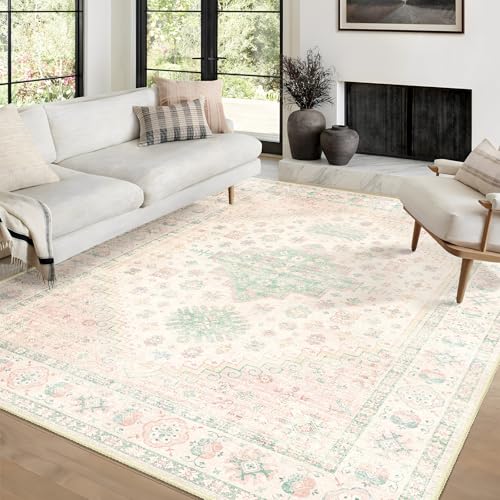 MUJOO Teppich, waschbar, Boho-Teppiche für Wohnzimmer, Schlafzimmer, Esszimmer, großer rutschfester Überwurf-Teppich für den Innenbereich, niedriger Flor, Hellrosa und Grün MUJOO Teppich, waschbar, Boho-Teppiche für Wohnzimmer, Schlafzimmer, Esszimmer, großer rutschfester Überwurf-Teppich für den Innenbereich, niedriger Flor, Hellrosa und Grün von MUJOO