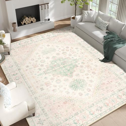 MUJOO Teppich, waschbar, für Wohnzimmer, Schlafzimmer, Esszimmer, Boho, groß, rutschfest, niedriger Flor, Hellrosa und Grün MUJOO Teppich, waschbar, für Wohnzimmer, Schlafzimmer, Esszimmer, Boho, groß, rutschfest, niedriger Flor, Hellrosa und Grün von MUJOO
