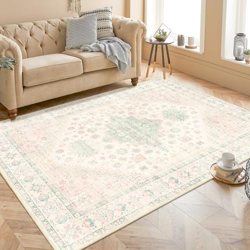 MUJOO Waschbarer Teppich, Boho-Teppich für Schlafzimmer, Wohnzimmer, Büro, Spielzimmer, klein, rutschfest, für den Innenbereich, niedriger Flor, Hellrosa und Grün MUJOO Waschbarer Teppich, Boho-Teppich für Schlafzimmer, Wohnzimmer, Büro, Spielzimmer, klein, rutschfest, für den Innenbereich, niedriger Flor, Hellrosa und Grün von MUJOO