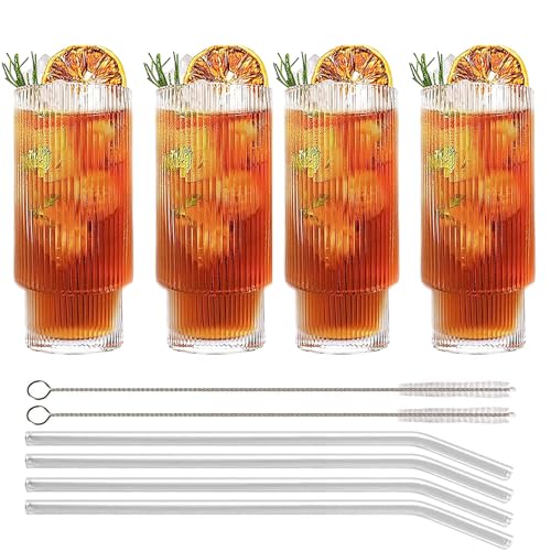 MUJUZE Geriffelte Gläser Set mit Glasstrohhalm,4er Wassergläser Stapelbar Aesthetic Glas 310ML Longdrinkgläser Set,Origami-Stil Glasbecher,Glasses Set ideal für Cocktails und Kaffee Gläser von MUJUZE