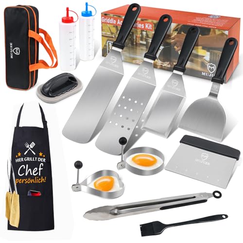 MUJUZE Grillspachtel Edelstahl Set,Plancha Spachtel Grill Zubehör im Koffer Geschenk für Männer Papa,Professionelle Pfannenwender Grill spachtel Zubehör für Grillen Teppanyaki und Camping... von MUJUZE