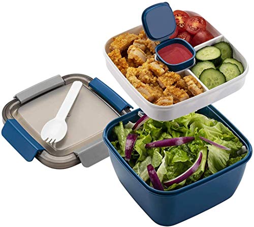 MUJUZE Lunchbox mit unterteilung fächern,Salatbox to go Erwachsene/Kinder,Brotzeitbox Nachhaltig Bento Box Auslaufsicher, Brotdose mit Besteck für Schule/Arbeit/Picknick Reisen (Blue) von MUJUZE