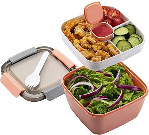 MUJUZE Lunchbox mit unterteilung fächern,Salat box to go,Brotdose mit Besteck Erwachsene/Kinder,Brotzeitbox Nachhaltig Auslaufsicher,Bento Box für Schule/Arbeit/Picknick Reisen(pink) von MUJUZE