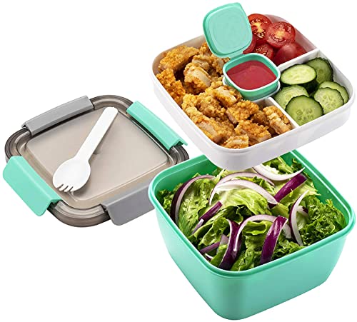 MUJUZE Lunchbox mit unterteilung fächern,Salatbox to go Erwachsene/Kinder,Brotzeitbox Nachhaltig Bento Box Auslaufsicher, Brotdose mit Besteck für Schule/Arbeit/Picknick Reisen (Green) von MUJUZE