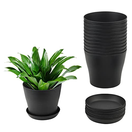 MUKCHAP 12 Stück Blumentöpfe mit Untertassen 17 cm Schwarze Kunststoff Pflanzgefäße mit Drainage, Runde Blumentöpfe für Drinnen und Draußen von MUKCHAP