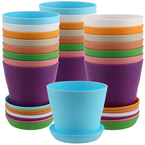MUKCHAP 24 Stück Blumentöpfe Kunststoff Bunt 10,2 cm, Bunte Blumentöpfe mit Drainage, Blumentöpfe Plastik Bunt Runde Pflanztöpfe, Pflanzgefäße mit Untertassen von MUKCHAP