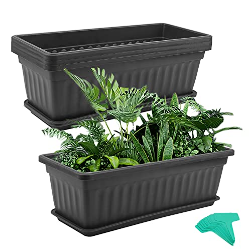 MUKCHAP 4 Stück Fensterkasten Kunststoff Schwarz Pflanzgefäß, 43 cm, Rechteckiger Blumenkasten mit Tabletts und Pflanzenetiketten, Fensterkasten Blumen, Rechteckiger Pflanztopf für Gemüse von MUKCHAP