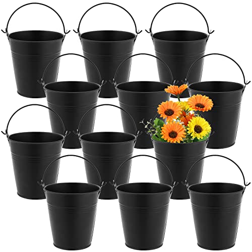 MUKLEI 12 Stück 10 cm verzinkte Metalleimer, schwarzer kleiner Metalleimer, hängender Blumeneimer mit Griff, Mini-Metall-Hänge-Sukkulenten-Töpfe für kleine Pflanzen, Süßigkeiten, Heimparty-Dekoration von MUKLEI