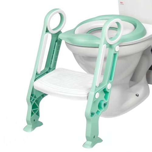 MUL-BOUTIQUE Faltbare Toilette für Kinder, Trainingssitz mit Treppen, sichere und robuste Kindertoilette mit rutschfesten Füßen und Sicherheitsgriff (weiß-hellgrün) von MUL-BOUTIQUE