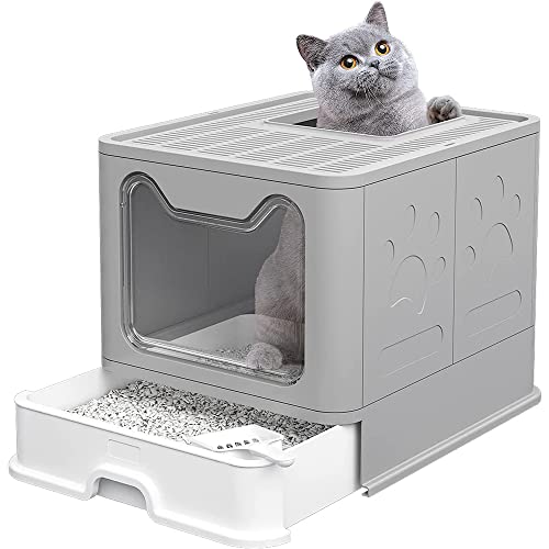 MUL-BOUTIQUE Katzentoilette mit abnehmbarem Tablett und Schaufel, faltbare Katzentoilette für Katzen, Eingang vorne und oben, für Groß und Klein, 49 x 35 x 37 cm (grau) von MUL-BOUTIQUE