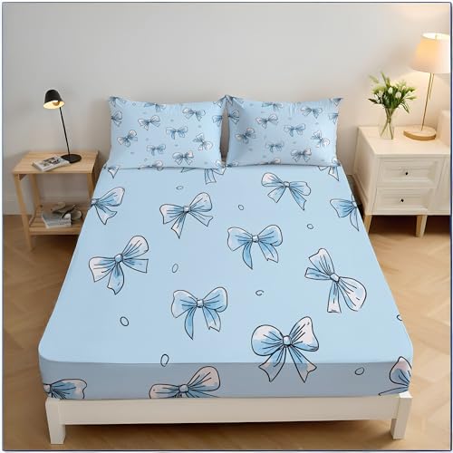 140x200cm Spannbetttuch Handbemalt Drucken Spannbettlaken, Hellblau Niedlich Schmetterling Dekorativ Bettlaken, Super Weich Atmungsaktiv Mikrofaser Boxspringbett Bettlaken von MULERN