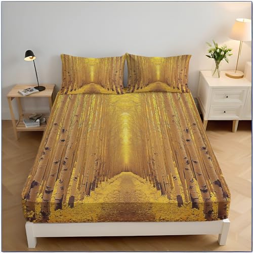 160x200cm Spannbetttuch Natur Landschaft Drucken Spannbettlaken, Golden Symmetrie Pappelwald Dekorativ Bettlaken, Super Weich Atmungsaktiv Mikrofaser Boxspringbett Bettlaken von MULERN
