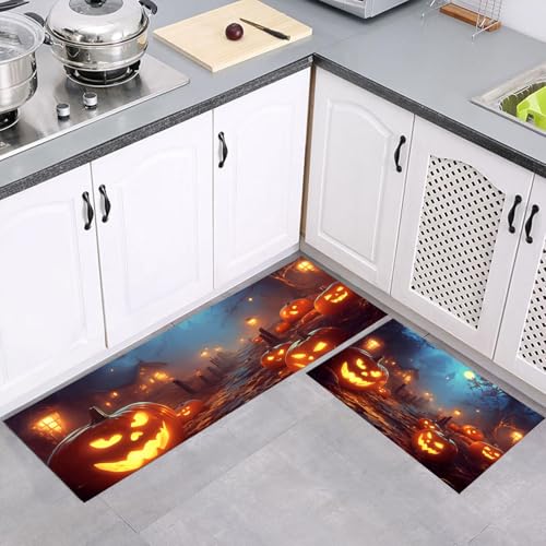 2 Stück Küchenläufer 43x75cm+43x150cm, Öl Aufnehmen Küche Matten, Halloween Weg Kürbisse Laternen, Anti-Müdigkeit, rutschfeste Rubber Backing yans Flurläufer für Küche Wäscherei, Orange Blau von MULERN