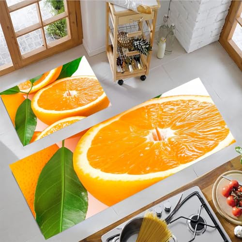 2 Stück Küchenläufer 43x75cm+43x150cm, Öl Aufnehmen Küche Matten, Natur Früchte Orange Grüne Blätter, Anti-Müdigkeit, rutschfeste Rubber Backing yans Flurläufer für Küche Wäscherei, Orange von MULERN