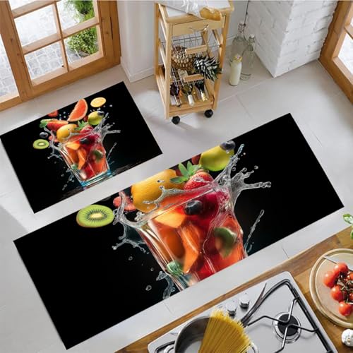 2 Stück Küchenläufer 43x75cm+43x150cm, Öl Aufnehmen Küche Matten, Realistisch Fotografie Obst Flüssig, Anti-Müdigkeit, rutschfeste Rubber Backing yans Flurläufer für Küche Wäscherei, Schwarz Rot von MULERN