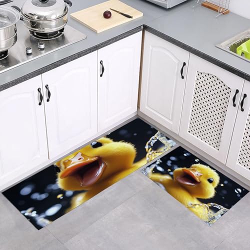 2 Stück Küchenläufer 43x75cm+43x150cm, Öl Aufnehmen Küche Matten, Süß Wassertropfen Entlein, Anti-Müdigkeit, rutschfeste Rubber Backing yans Flurläufer für Küche Wäscherei, Gelb von MULERN