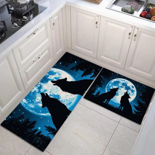 2-Teiliges Rutschfestes Küchenteppich Set, Waschbare Moon Wolf Staubdicht Fußmatte Für Flur, Esszimmer Und Eingangsbereich, Tier Matten Und Teppiche 43X75Cm+43X150Cm von MULERN